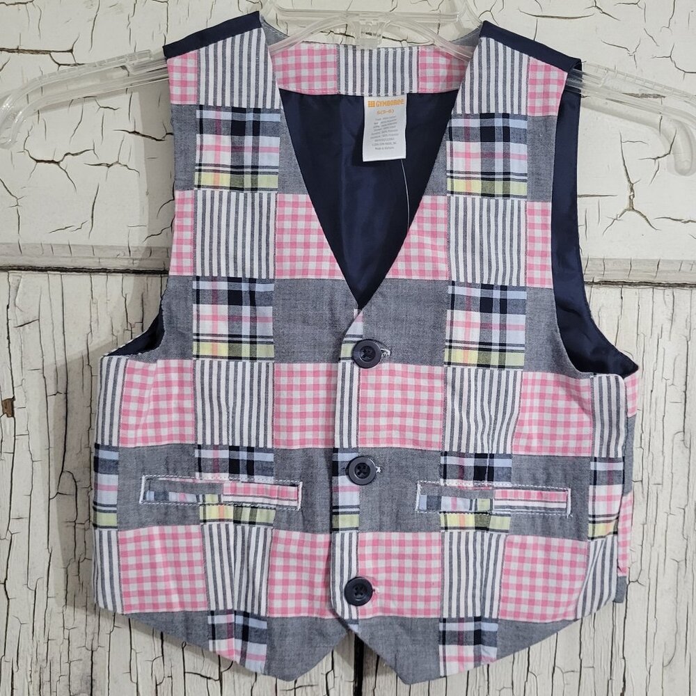 Gymboree Boys Patchwork Plaid Vest Pink Gray Blue S 5-6 Spring Dressy Easter NWT